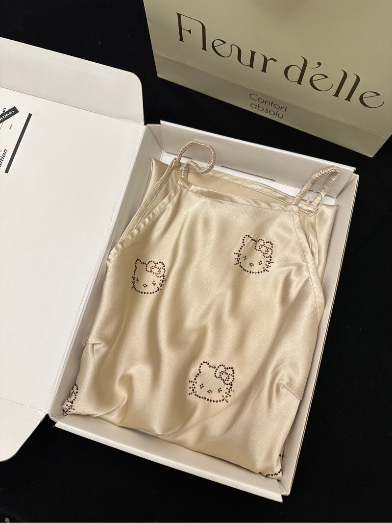 Hellokitty Champagne Silk Nightgown for Women Satin Slip Dress Nightdress