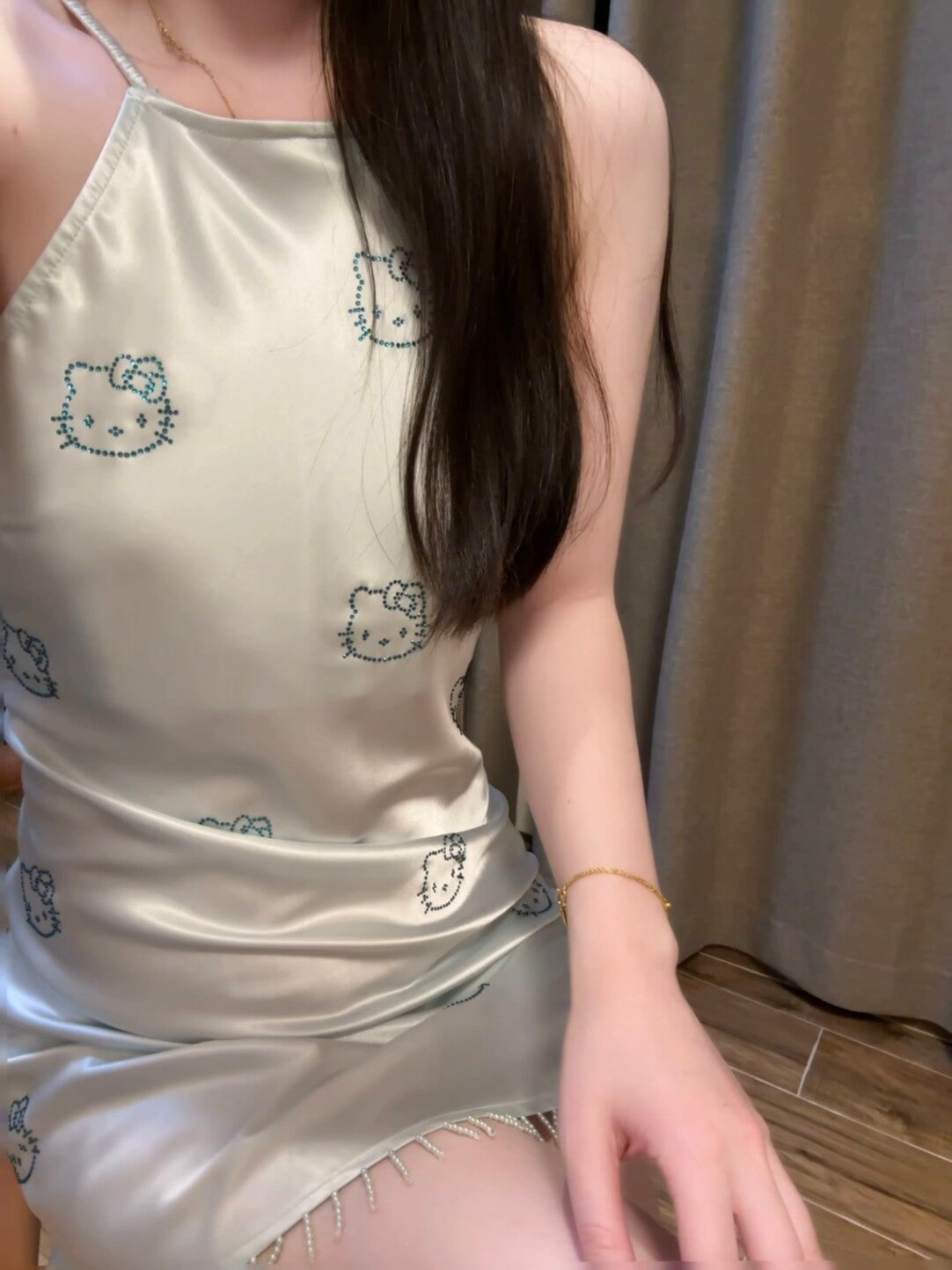 Hellokitty Champagne Silk Nightgown for Women Satin Slip Dress Nightdress