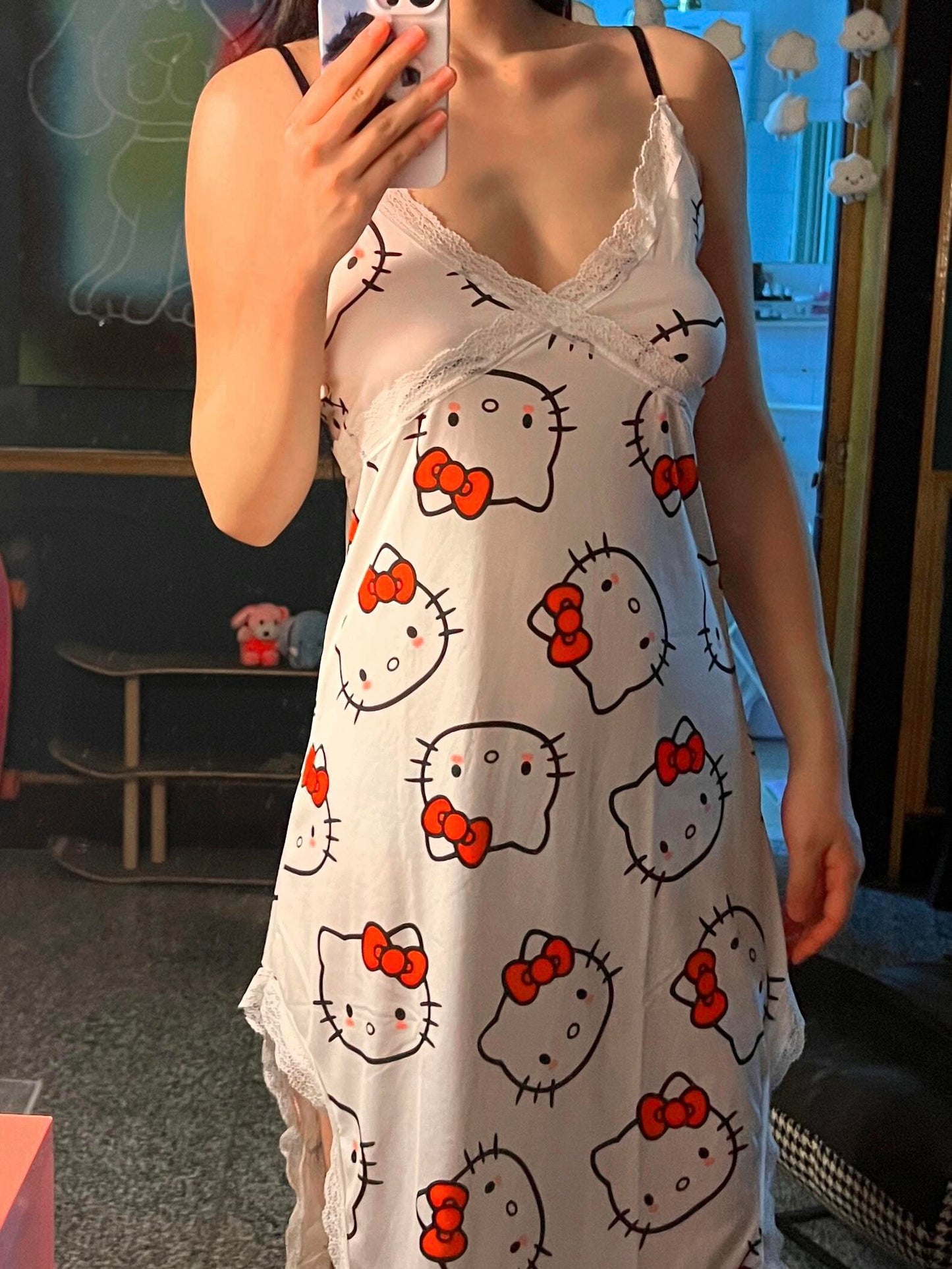 Hellokitty Women Chemise Night Gown Lace Modal Sleepwear V-Neck Full Slip Babydoll Lingerie Sexy Nightgowns