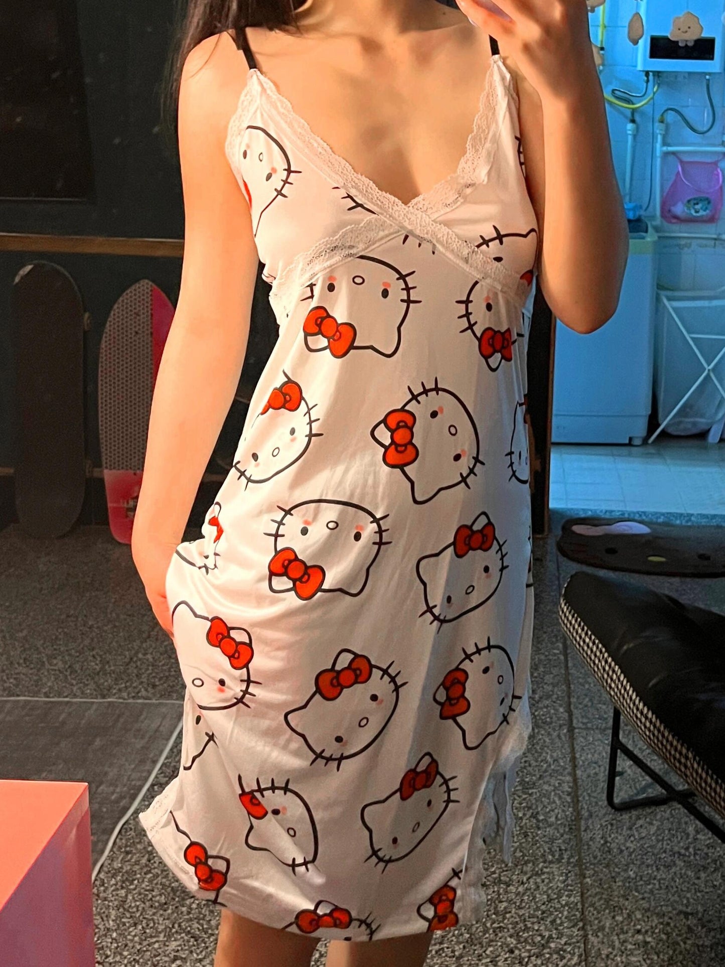 Hellokitty Women Chemise Night Gown Lace Modal Sleepwear V-Neck Full Slip Babydoll Lingerie Sexy Nightgowns