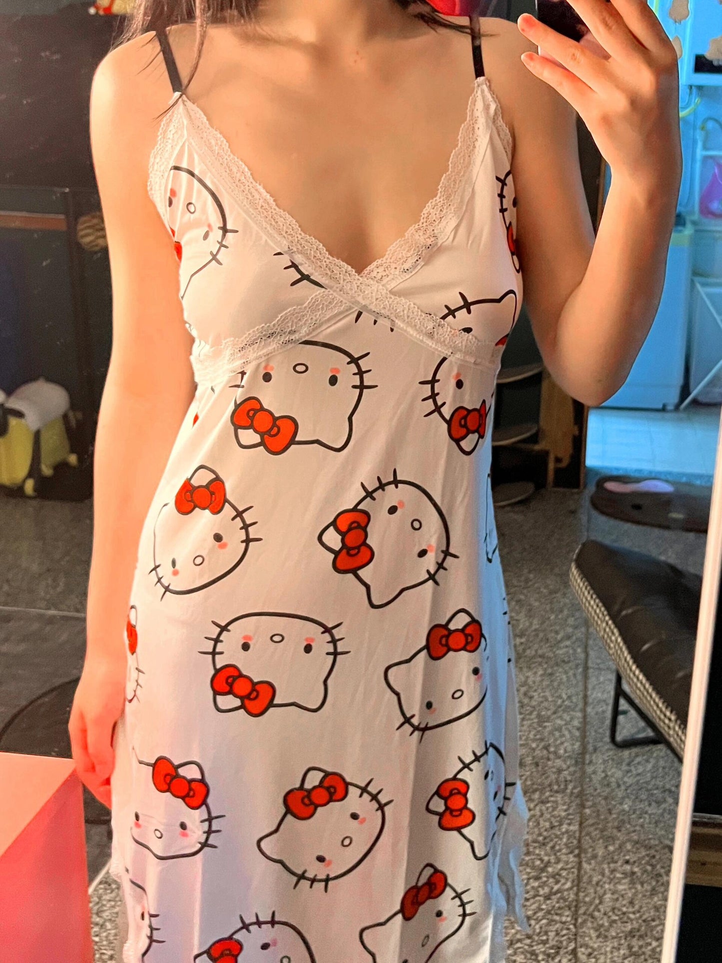 Hellokitty Women Chemise Night Gown Lace Modal Sleepwear V-Neck Full Slip Babydoll Lingerie Sexy Nightgowns