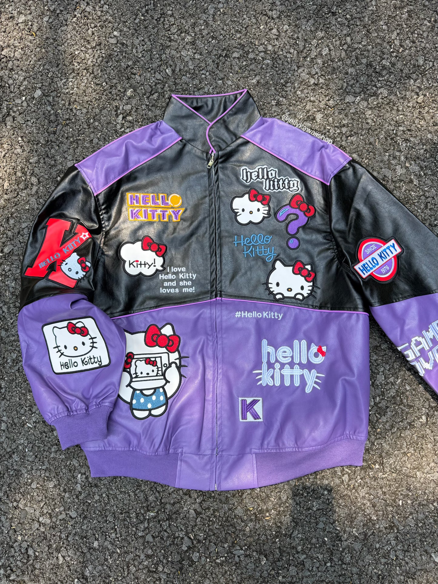 Hello Kitty Black and Purple Leather Jacket Unisex Coats