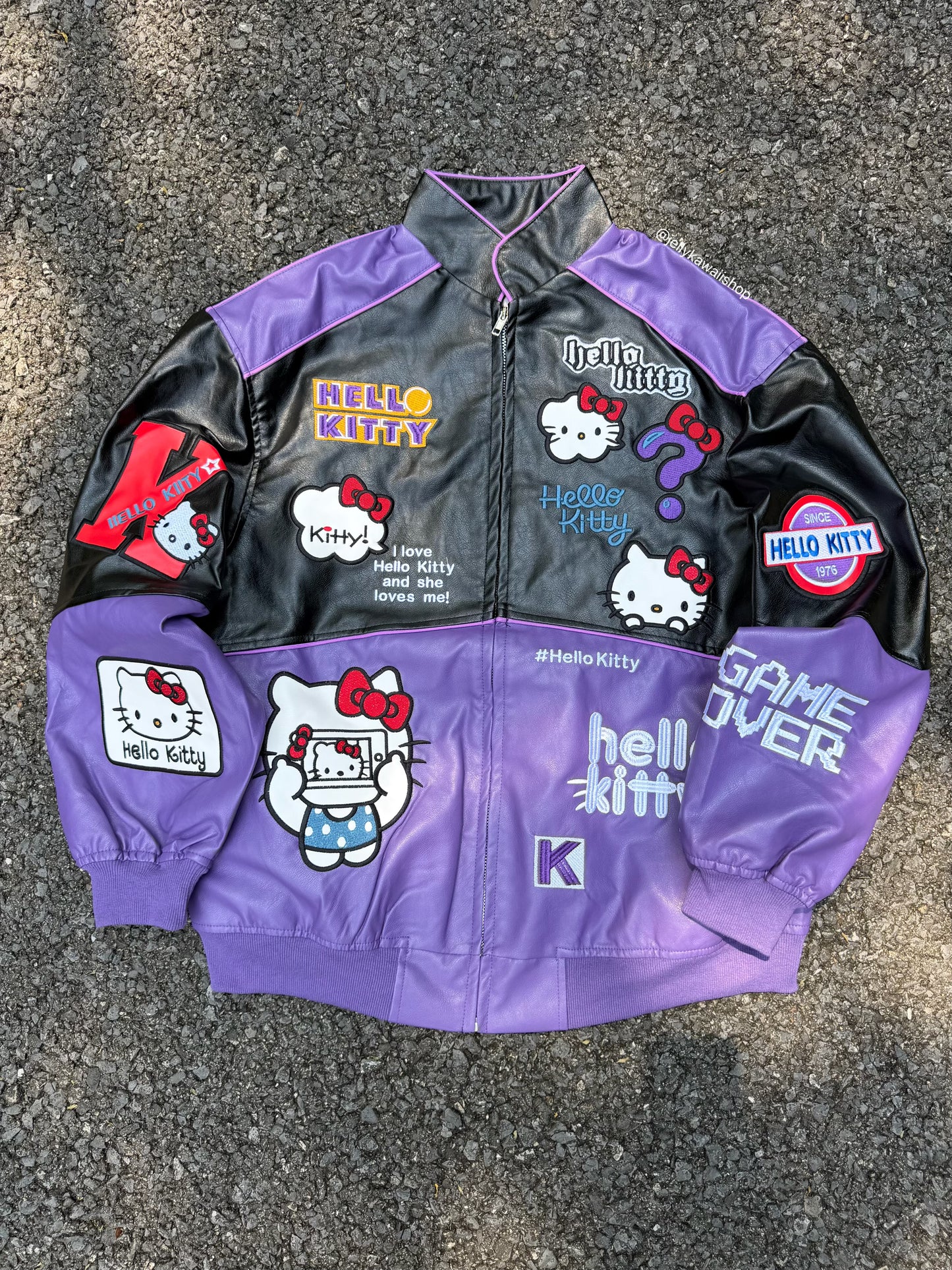 Hello Kitty Black and Purple Leather Jacket Unisex Coats