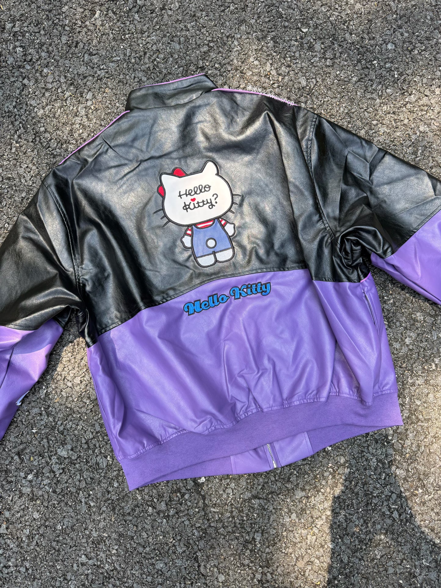 Hello Kitty Black and Purple Leather Jacket Unisex Coats