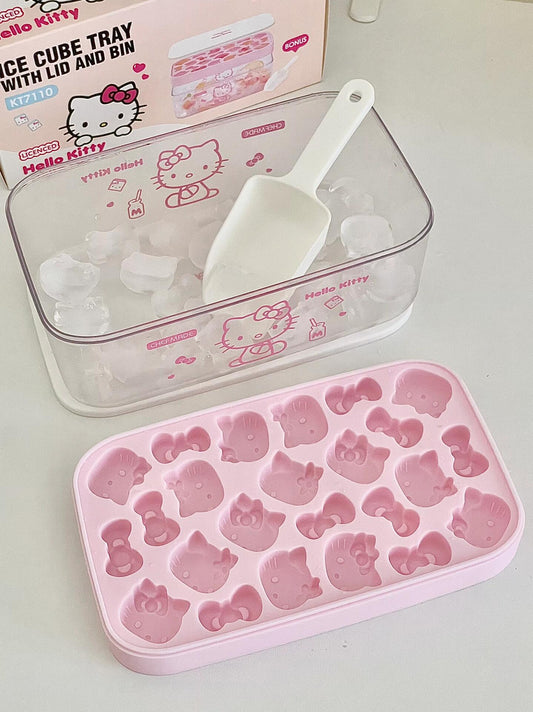 Hellokitty Shape Ice Cube Tray with Lid and Bin | Reusable Ice Maker for Freezer,Water,Whiskey,Cocktail (with Scoop)