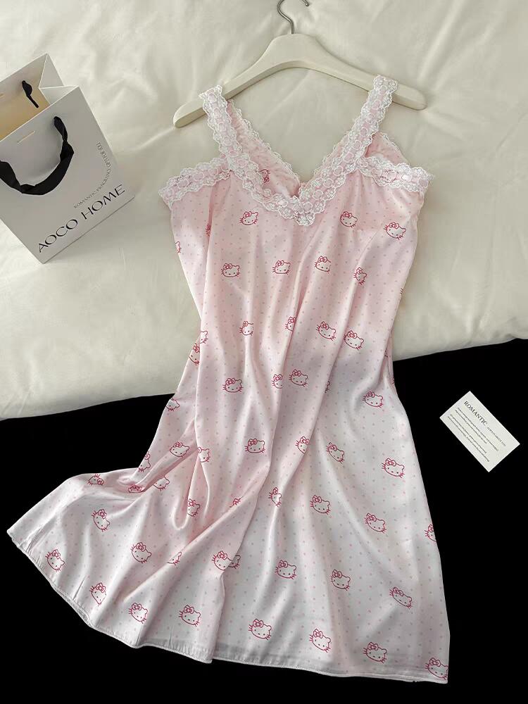 Hellokitty Pink Lace Silk Nightgown for Women Satin Slip Dress Nightdress