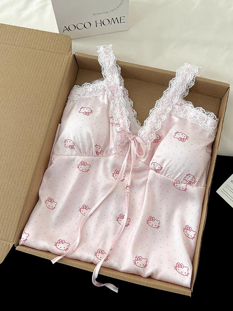Hellokitty Pink Lace Silk Nightgown for Women Satin Slip Dress Nightdress