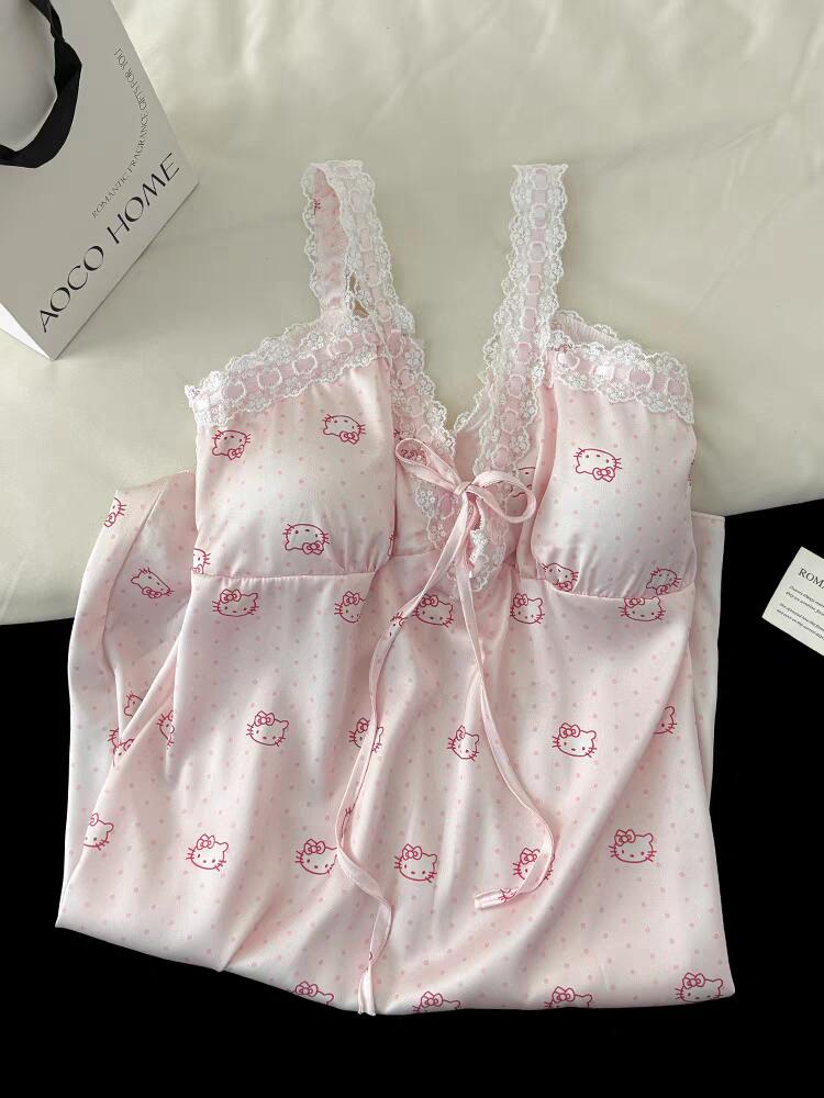 Hellokitty Pink Lace Silk Nightgown for Women Satin Slip Dress Nightdress
