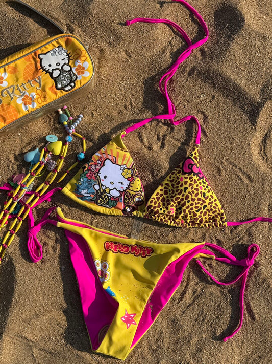 Hellokitty Yellow Leopard Print Halter Tie Side Triangle Bikini Set