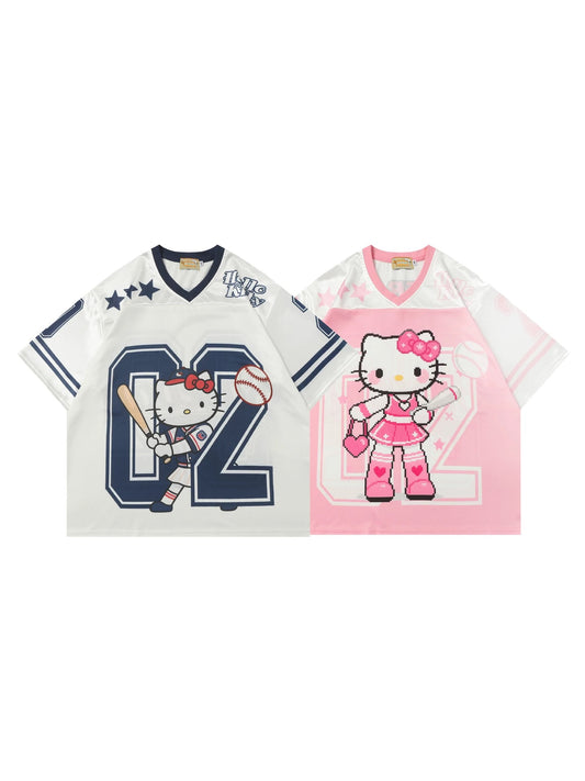 Hellokitty Pink Cute Baseball Jersey Shirts Sports Uniform Summer Loose Short Sleeve Tops T-Shirts