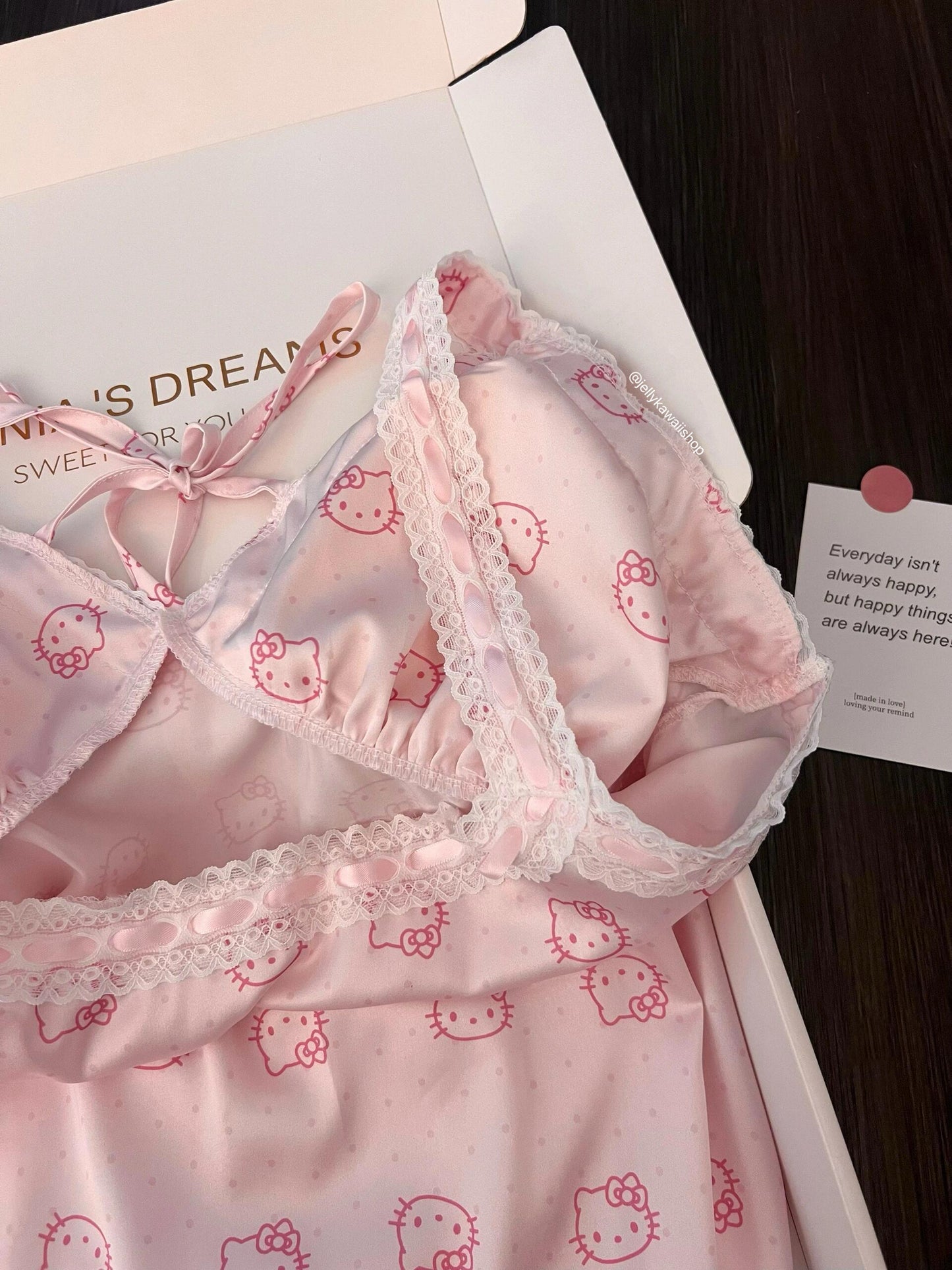 Hellokitty Pink Lace Silk Nightgown for Women Satin Slip Dress Nightdress