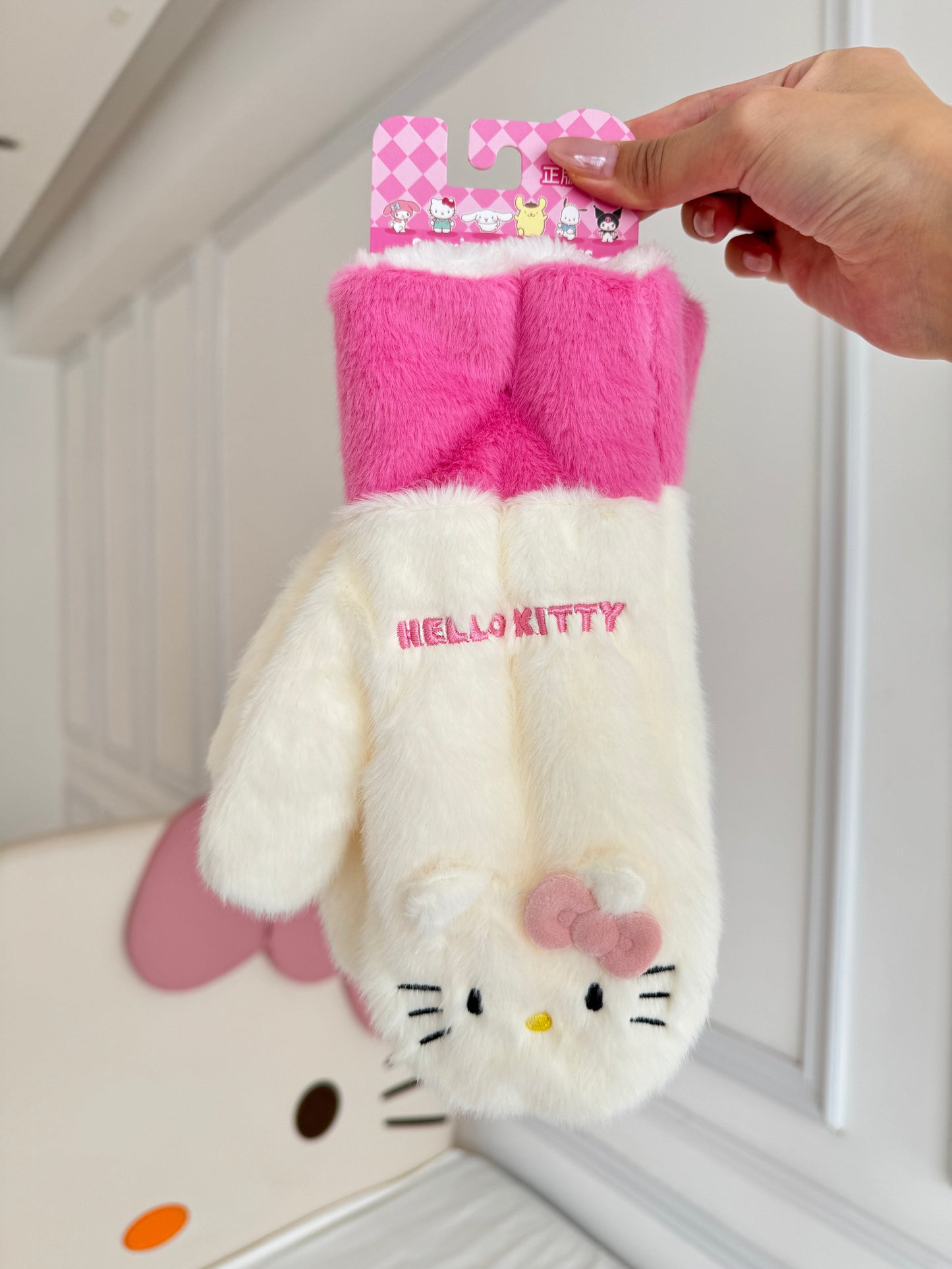 Hellokitty Cute Full Finger Gloves Fluffy Plush Winter Warm Mittens Hand