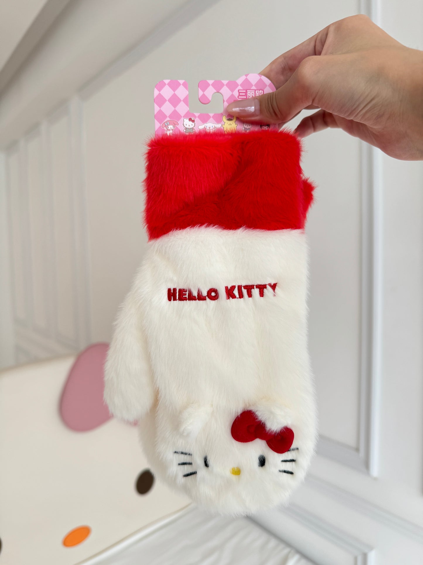 Hellokitty Cute Full Finger Gloves Fluffy Plush Winter Warm Mittens Hand