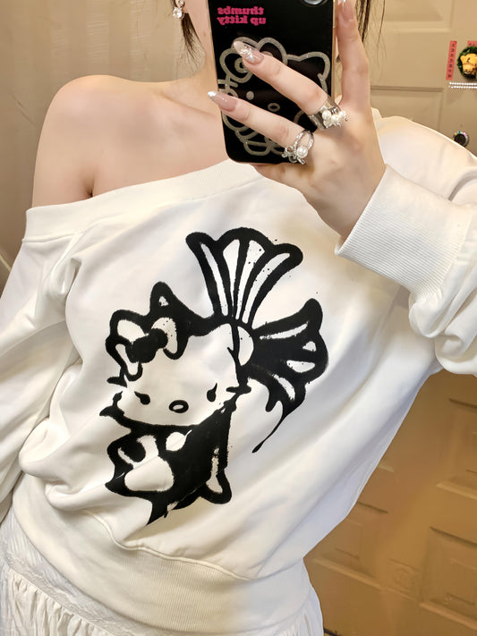 Hellokitty Off The Shoulder Tops Long Sleeve Shirts Fashion Casual  Sweaters Pullover Tops