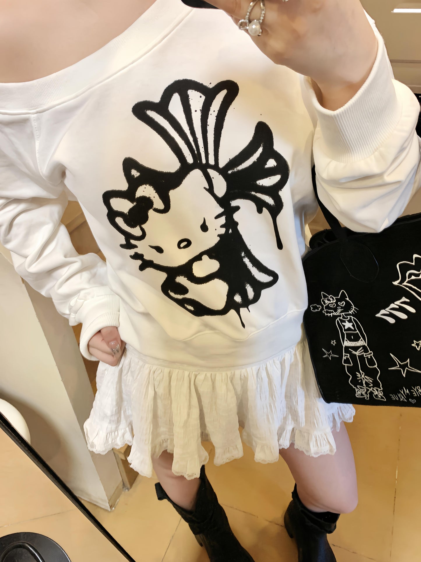 Hellokitty Off The Shoulder Tops Long Sleeve Shirts Fashion Casual  Sweaters Pullover Tops