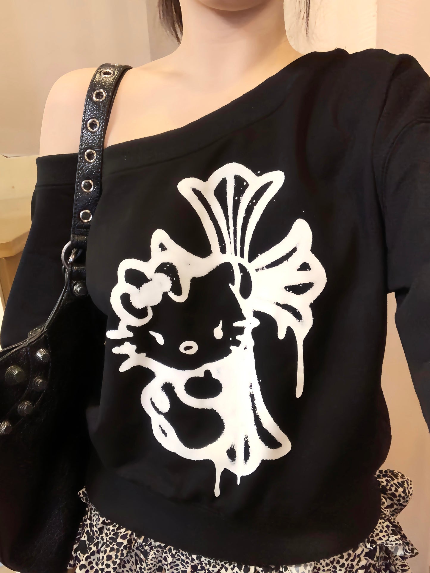 Hellokitty Off The Shoulder Tops Long Sleeve Shirts Fashion Casual  Sweaters Pullover Tops