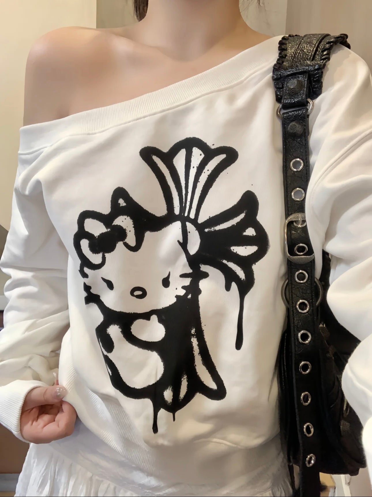 Hellokitty Off The Shoulder Tops Long Sleeve Shirts Fashion Casual  Sweaters Pullover Tops