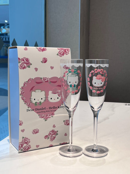 Dear Daniel & Hellokitty Champagne Flute Set His and Hers Wedding Toasting Glasses Tall Wine Glasses for Bride and Groom