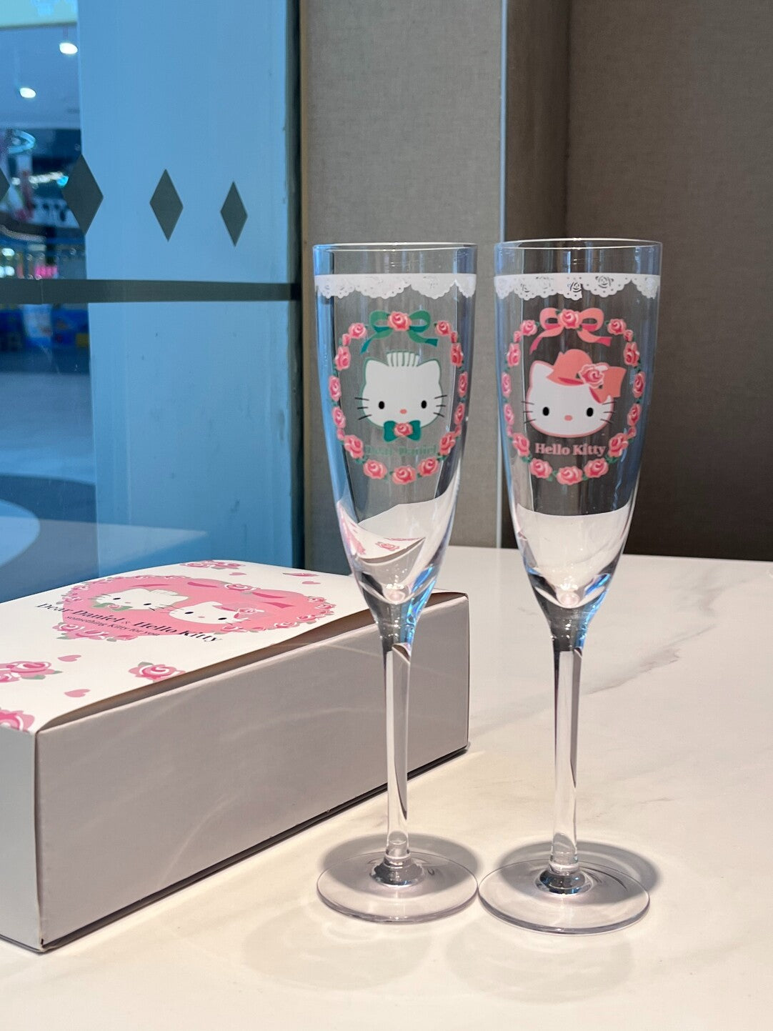 Dear Daniel & Hellokitty Champagne Flute Set His and Hers Wedding Toasting Glasses Tall Wine Glasses for Bride and Groom