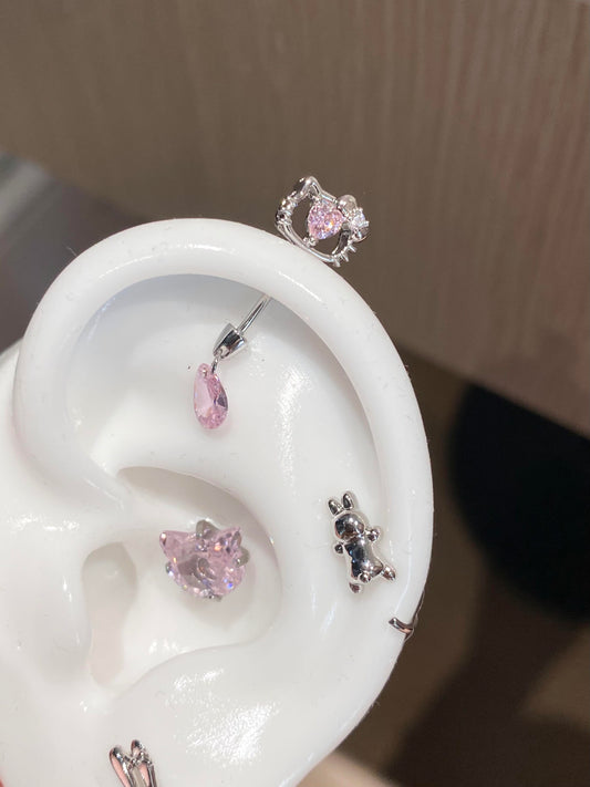 Hollow out Hello Kitty Titanium Steel Rhinestone Helix Earrings
