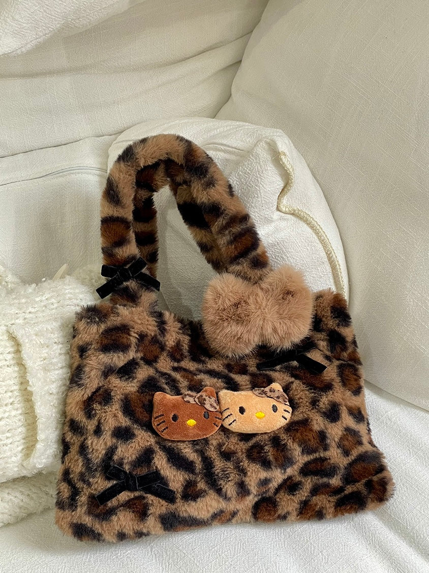 Hellokitty Leopard Print Cute Tote Small Bags Plush Tote Bag for Women Kawaii Carry on Bag Handbags