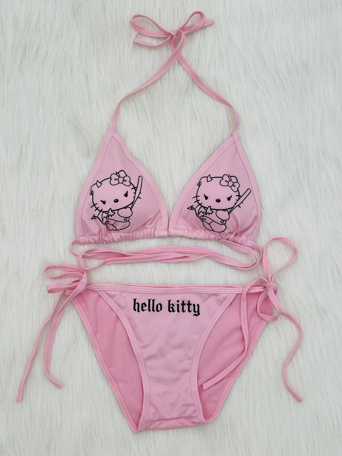 Hellokitty Devil Women's Halter Tie Side Triangle Bikini Set high Cut 2 Piece Bikini Swimsuit Bathing Suit