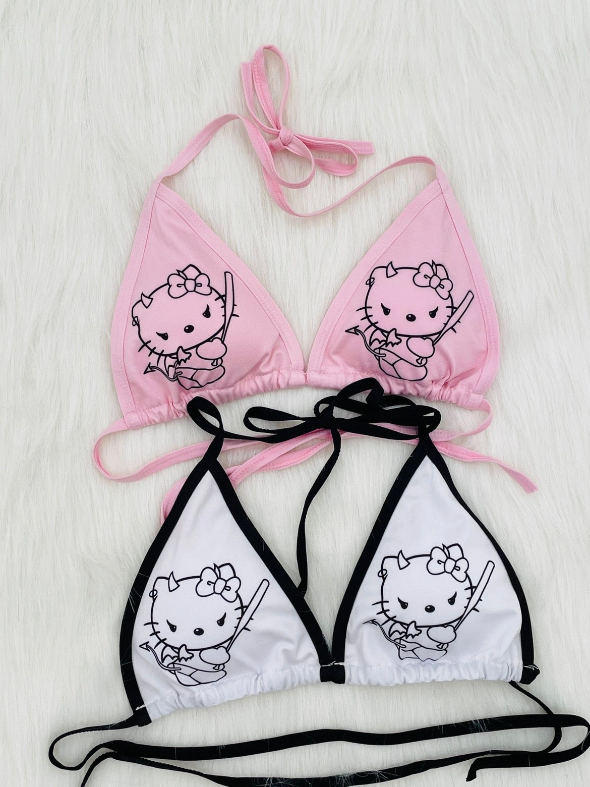 Hellokitty Devil Women's Halter Tie Side Triangle Bikini Set high Cut 2 Piece Bikini Swimsuit Bathing Suit