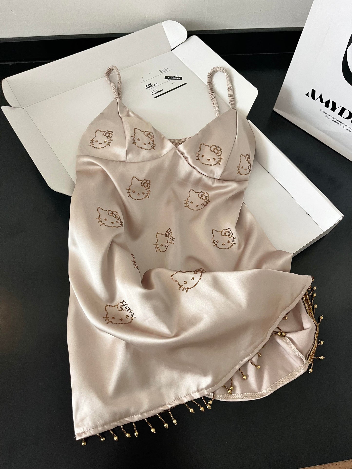 Hellokitty Champagne Silk Cute Nightgown for Women Satin Slip Dress Nightdress