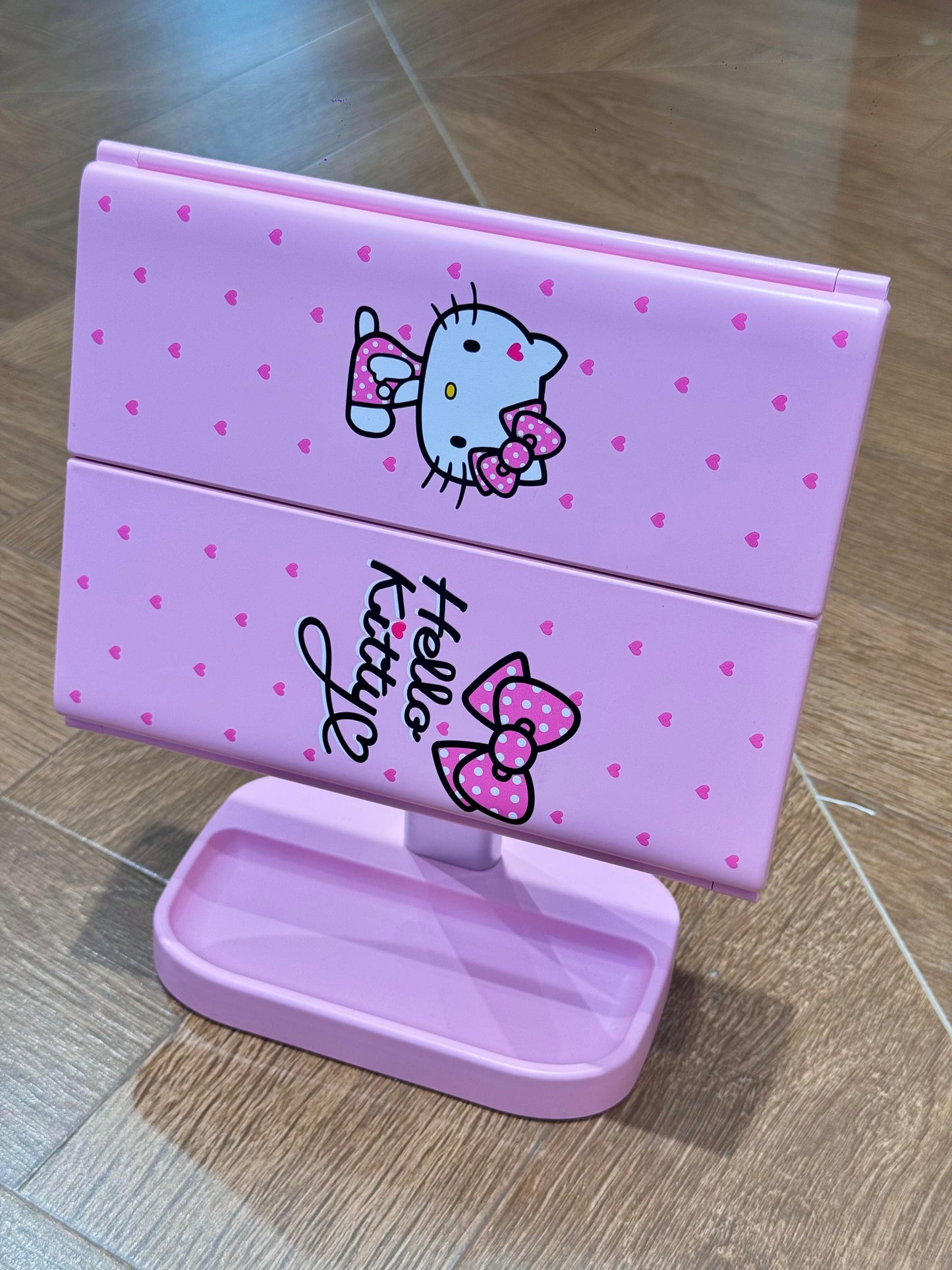 Hellokitty Pink Dresser Mount Tri-Fold Lighted Vanity Mirror with LED Lights, Touch Screen and 3X/2X/1X Magnification,  Make Up Mirror,Travel Mirror