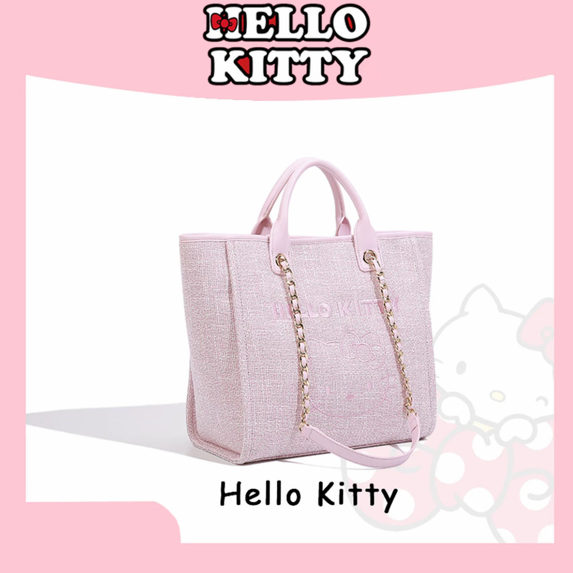 Hello kitty Pink Large Tote Beach Bag Weaving Swim Gym Shopping Travel Bag with Button