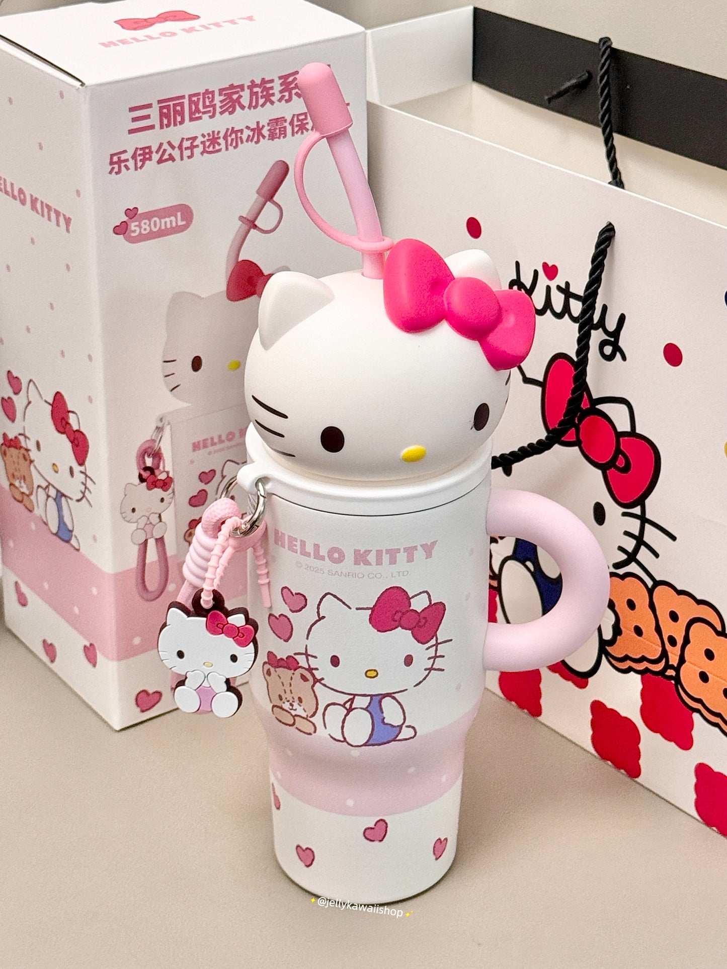 Hello Kitty 580ml Tumbler with Handle Stainless Steel Insulated Cup with Lid & Straw Water Bottle Cupholder Friendly Women Travel Mug