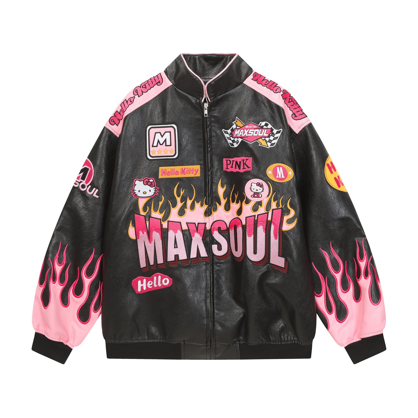 Hellokitty Pink Flame Faux Leather Jacket Oversized Racing Motorcycle Jackets Moto Coats Unisex Trendy Streetwear Jacket