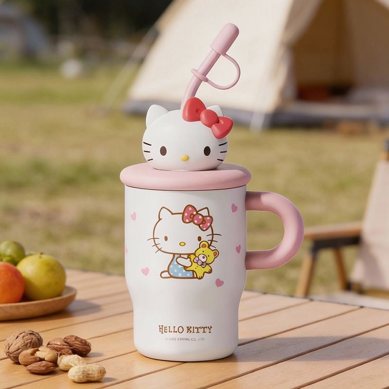 Sanrio Hellokitty 500ml Tumbler with Handle Stainless Steel Insulated Cup with Lid & Straw Water Bottle Cupholder Friendly Women Travel Mug