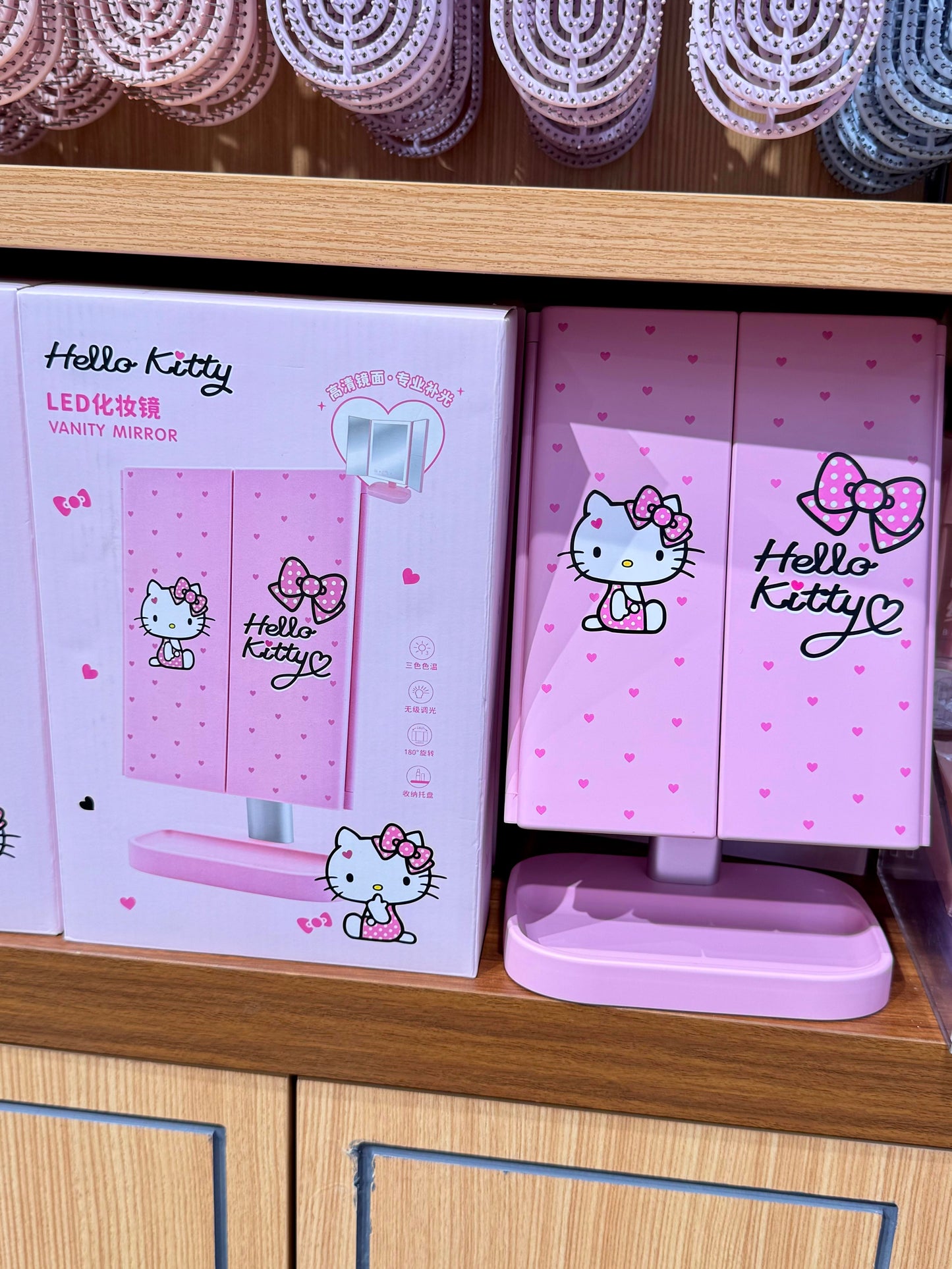 Hellokitty Pink Dresser Mount Tri-Fold Lighted Vanity Mirror with LED Lights, Touch Screen and 3X/2X/1X Magnification,  Make Up Mirror,Travel Mirror