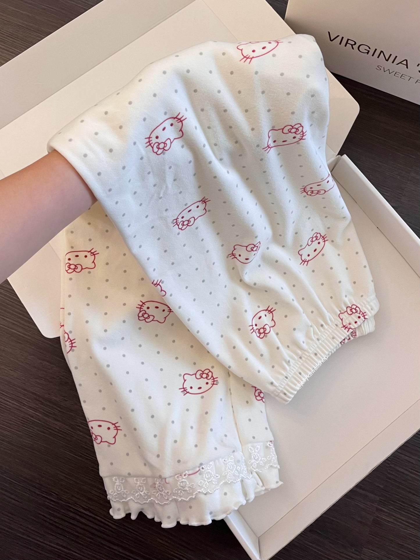 【 Holiday Deals🔥】Hellokitty Polka-dot Lace Trim White Pajamas Set Long Sleeve Sleepwear Button Down Nightwear Soft Pj Lounge Sets