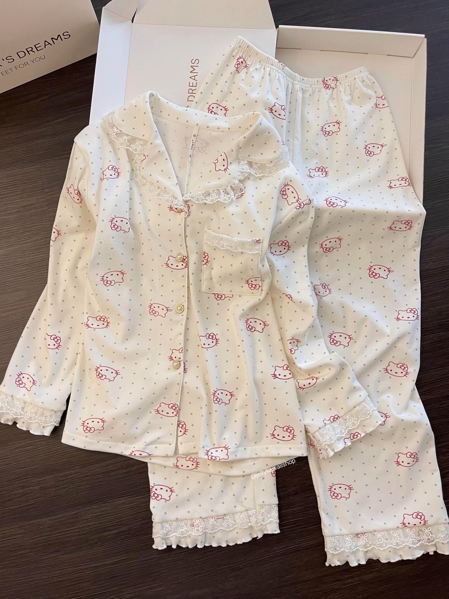 【 Holiday Deals🔥】Hellokitty Polka-dot Lace Trim White Pajamas Set Long Sleeve Sleepwear Button Down Nightwear Soft Pj Lounge Sets