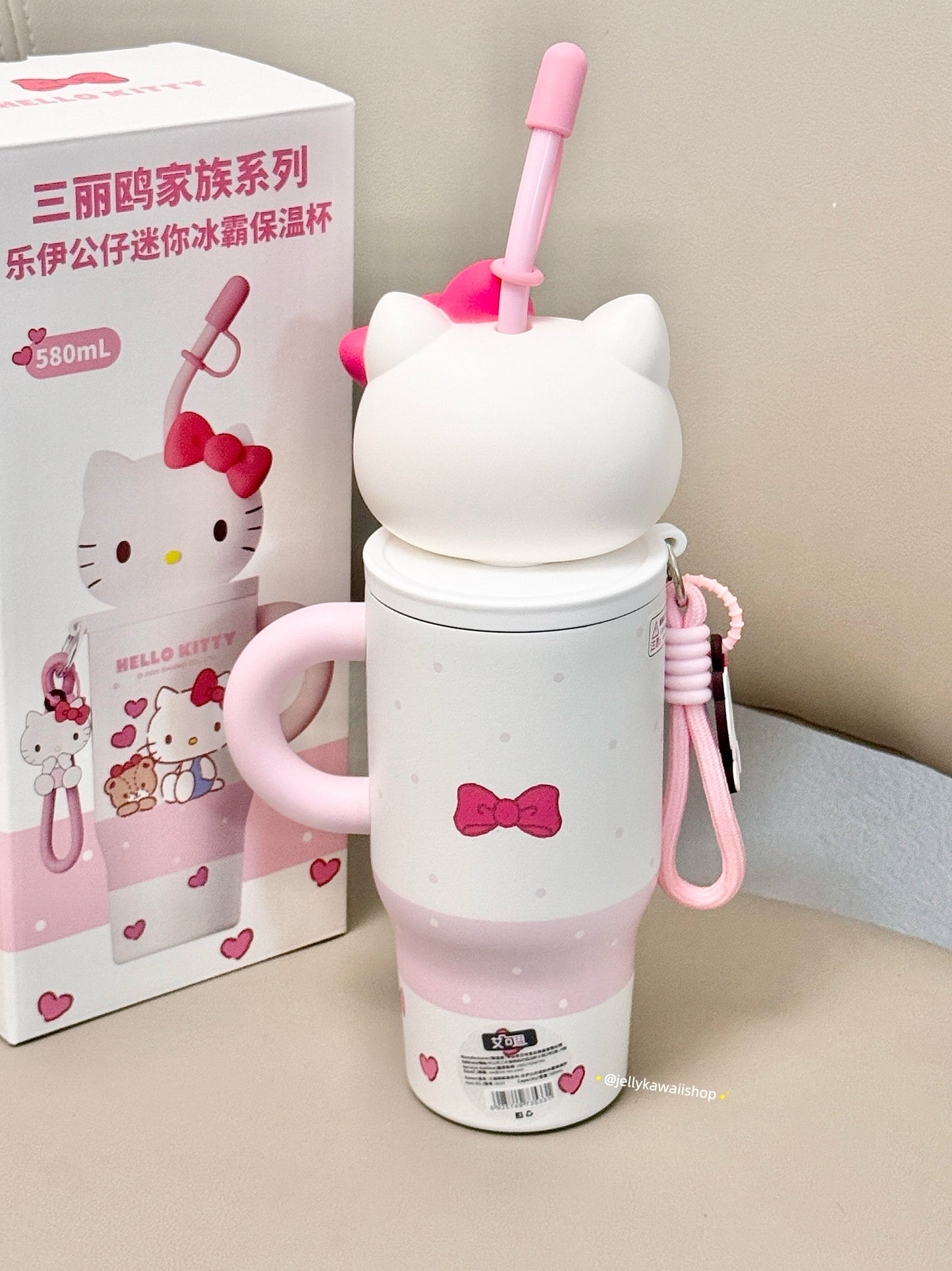 Hello Kitty 580ml Tumbler with Handle Stainless Steel Insulated Cup with Lid & Straw Water Bottle Cupholder Friendly Women Travel Mug