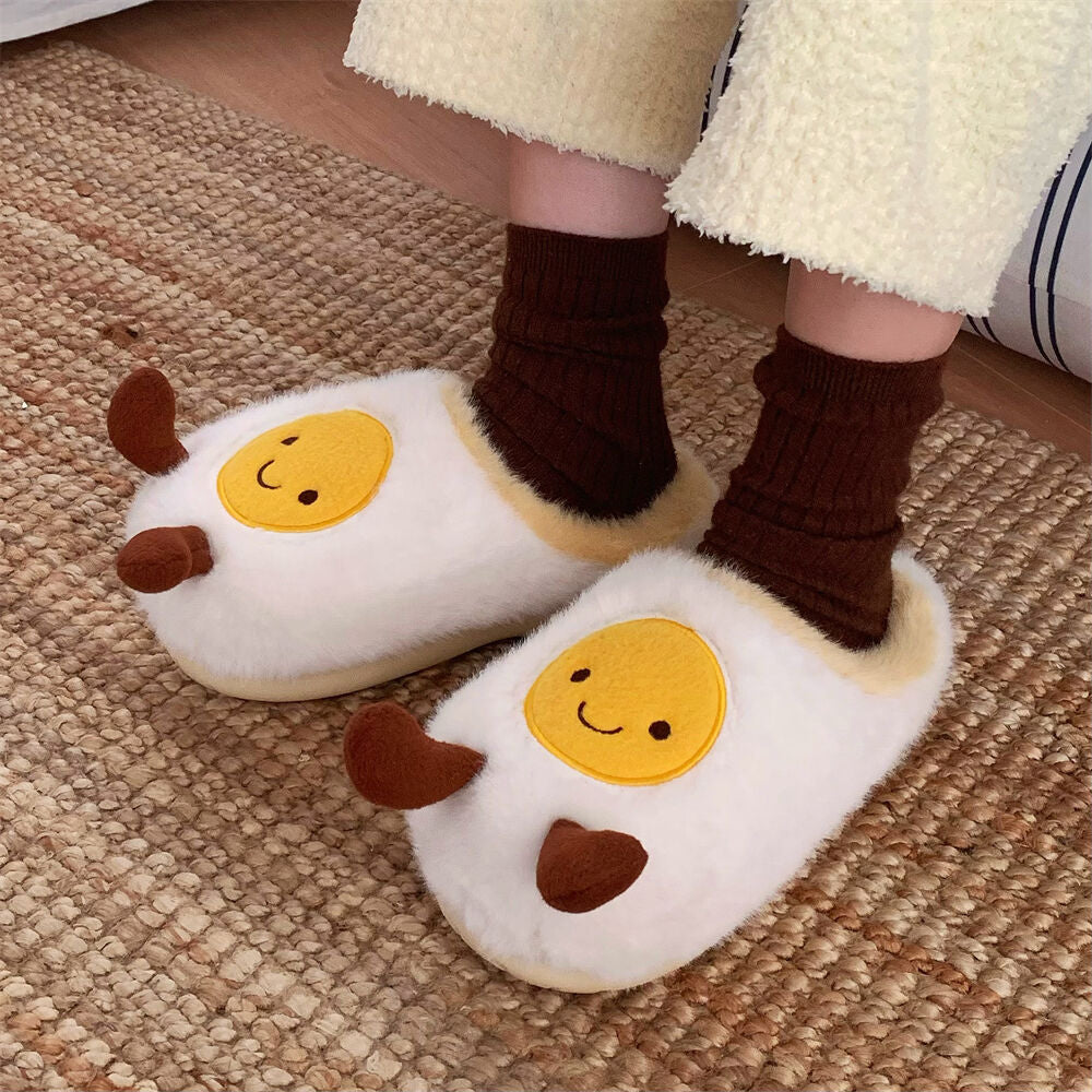 Fried Egg Jellycat Fuzzy Scuff Slippers Soft Comfy Memory Foam Non-slip Indoor House Shoes