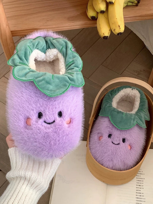 Purple Eggplant Jellycat Fuzzy Scuff Slippers Soft Comfy Memory Foam Non-slip Indoor House Shoes