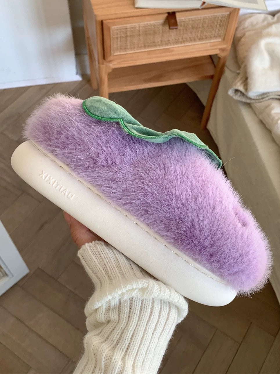 Purple Eggplant Jellycat Fuzzy Scuff Slippers Soft Comfy Memory Foam Non-slip Indoor House Shoes