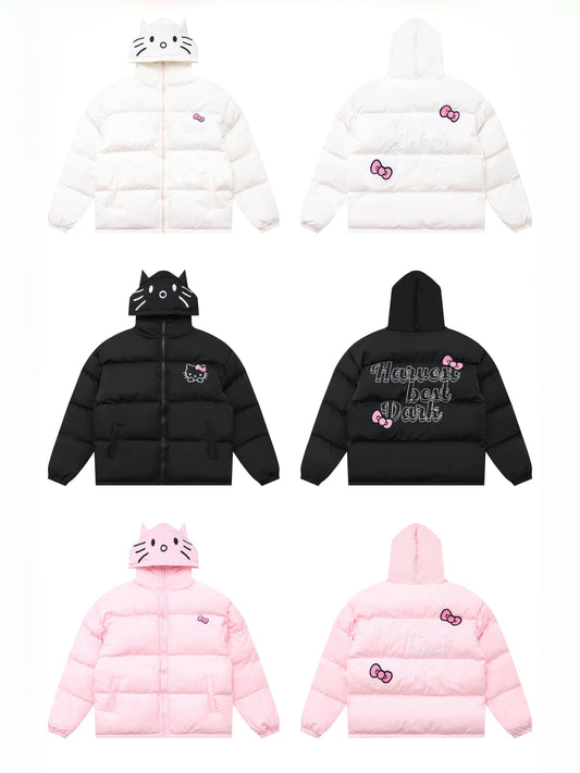 Hellokitty Winter Long Sleeve Zip Hooded Puffer Jacket Coat Pockets Baggy Short Down Coat