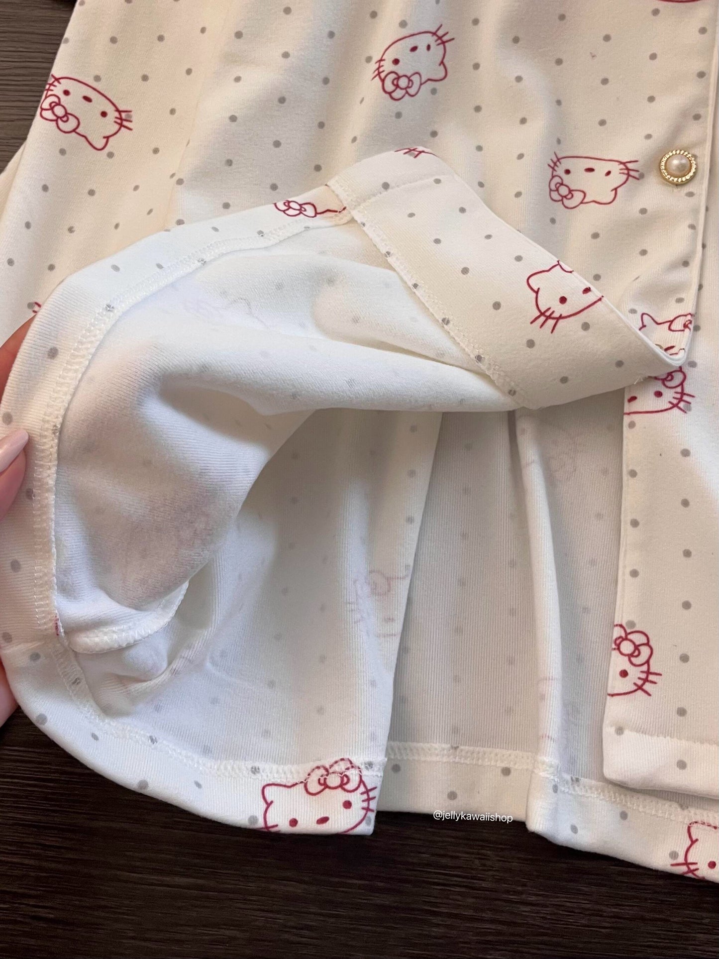 【 Holiday Deals🔥】Hellokitty Polka-dot Lace Trim White Pajamas Set Long Sleeve Sleepwear Button Down Nightwear Soft Pj Lounge Sets