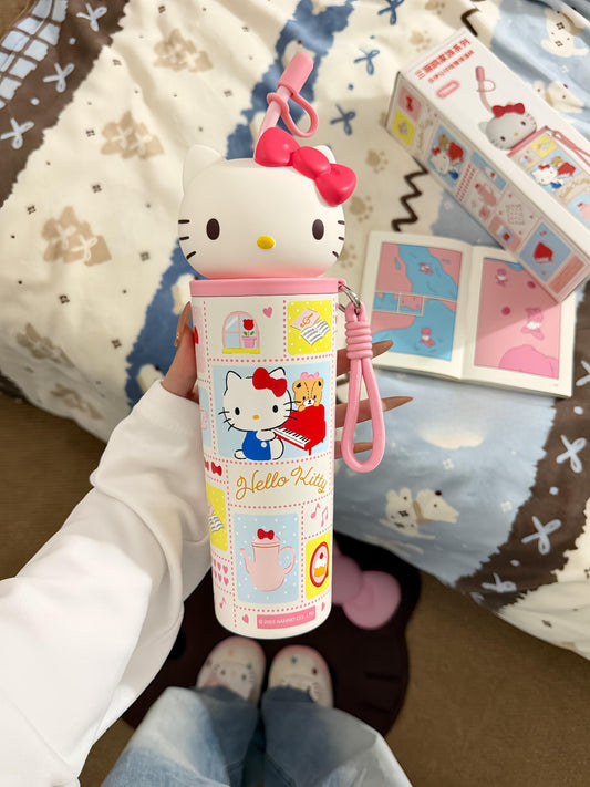 Sanrio Hellokitty 700ml Tumbler Stainless Steel Insulated Cup with Lid & Straw Water Bottle Cupholder Friendly Women Travel Mug