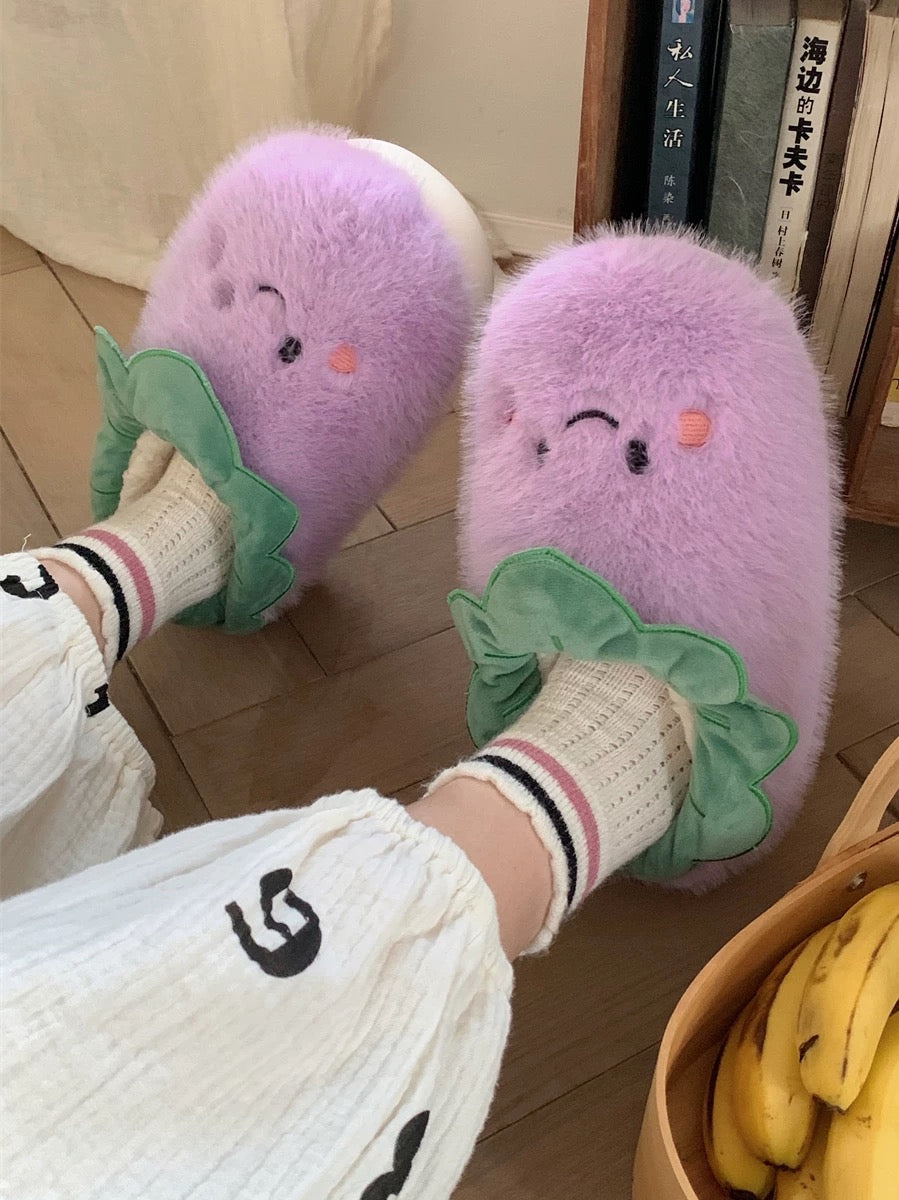 Purple Eggplant Jellycat Fuzzy Scuff Slippers Soft Comfy Memory Foam Non-slip Indoor House Shoes